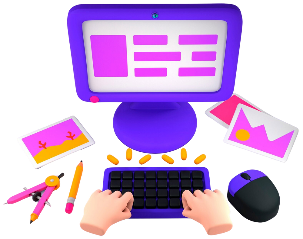 Illustration of a purple computer monitor with a keyboard, mouse and design tools