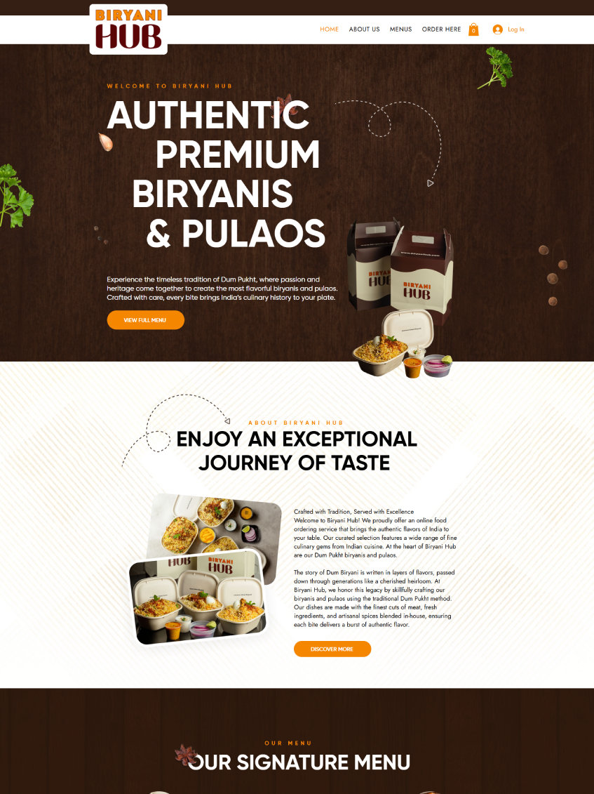 Biryani Hub website: restaurant homepage for premium biryanis and pulaos