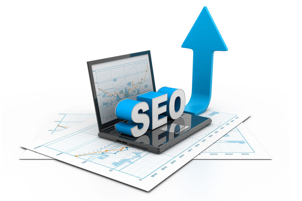 Laptop with the letters SEO and a rising arrow