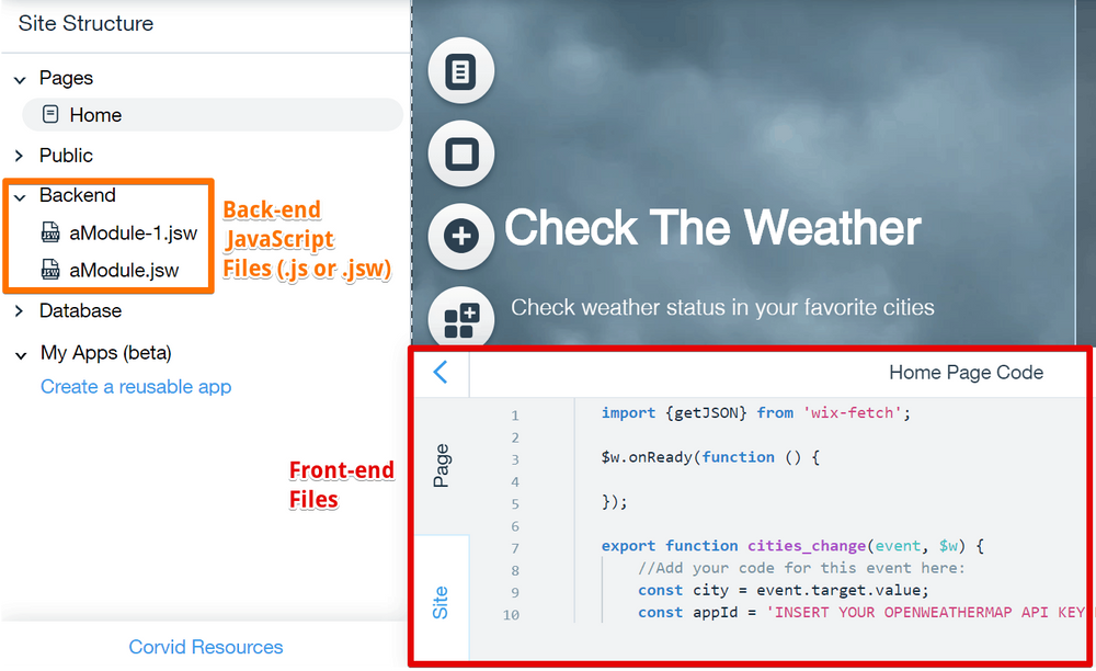 Wix Velo code editor showing front-end and back-end files