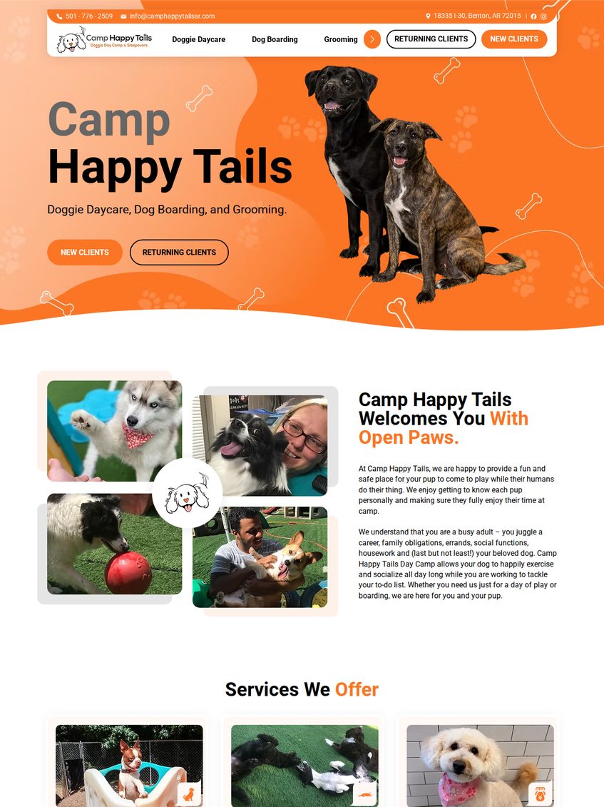 Camp Happy Tails Dog website homepage